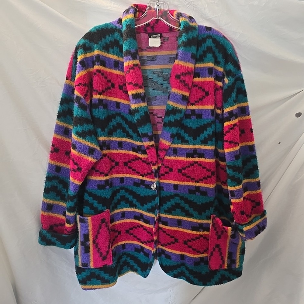 Vintage 90's Loom Wear Aztec Fleece Blazer Jacket Oversized USA Pockets Colorful